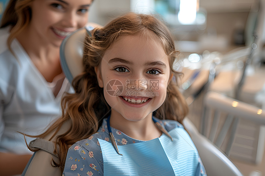 小女孩在牙医椅上微笑图片