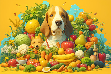 果蔬堆中的狗狗图片