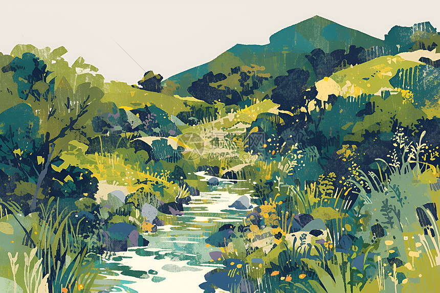 清澈溪流穿过翠绿山坡图片