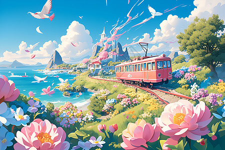 粉色火车穿过花海的仙境图片