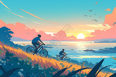 骑自行车追赶夕阳图片