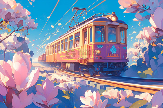 粉色火车穿行在盛开的玉兰花海图片