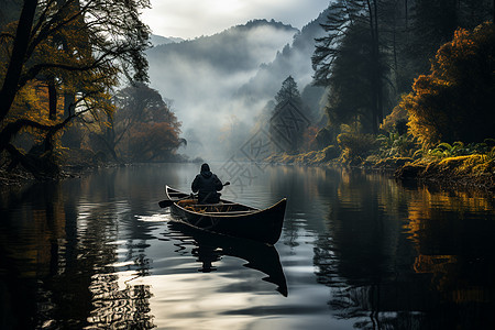 渔夫在湖面上划船图片