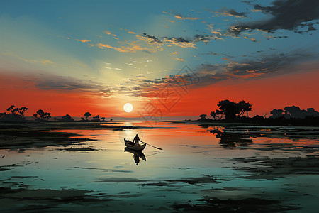 日落下的孤独渔夫图片
