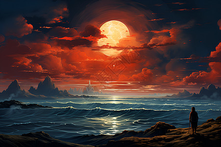落日下的广阔海面图片