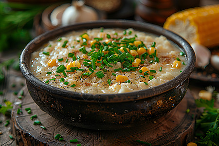 紫薯米糊碗里的食物和玉米背景