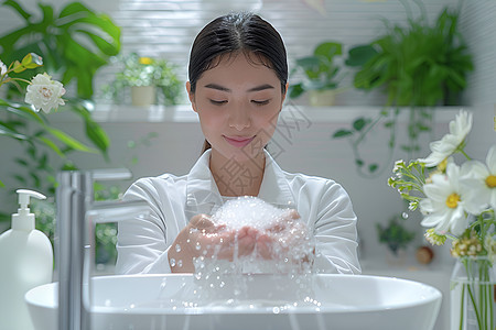 青年女性在洗手池里捧起泡沫图片