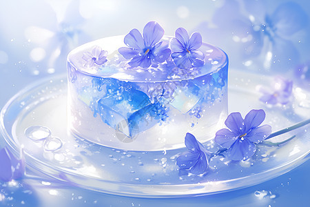 蓝莓果冻上的鲜花图片