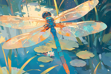 池塘上空的彩色蜻蜓图片