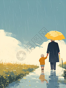 雨中散步的爷孙图片