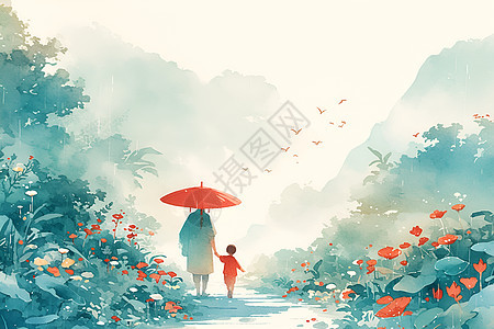 红花山道上撑伞的母子图片