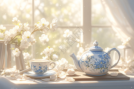 沐浴在暖阳下的蓝白瓷茶壶图片