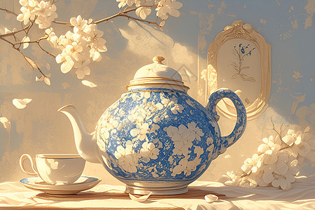 木桌上铺着瓷器茶壶图片