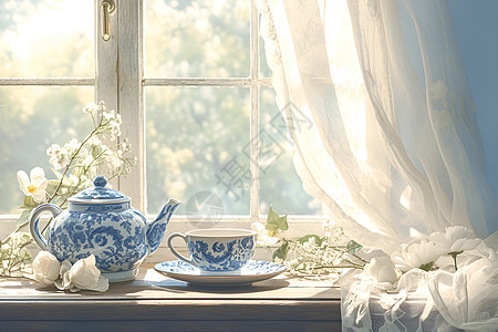 精美蓝白瓷茶壶图片