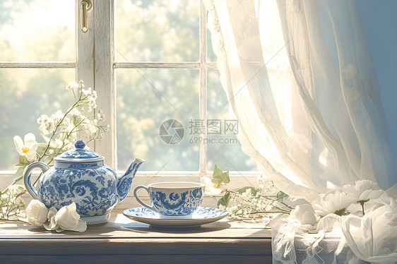 精美蓝白瓷茶壶图片