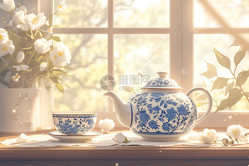 蓝白瓷茶壶摆放在木制桌上图片