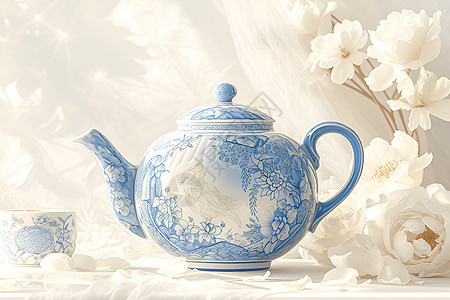 陶瓷茶壶与花卉背景图片