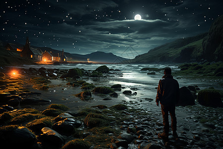 夜晚渔翁凝望大海图片