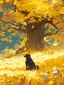 金黄树下一只狗图片