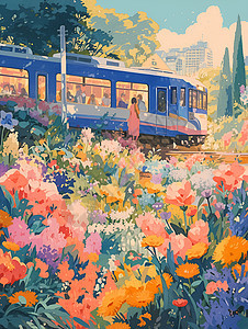 火车穿过美丽的花海图片