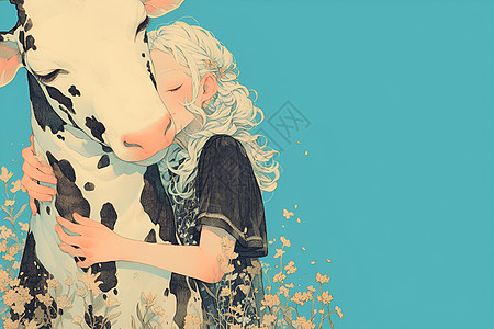 抱着奶牛的女孩背景图片
