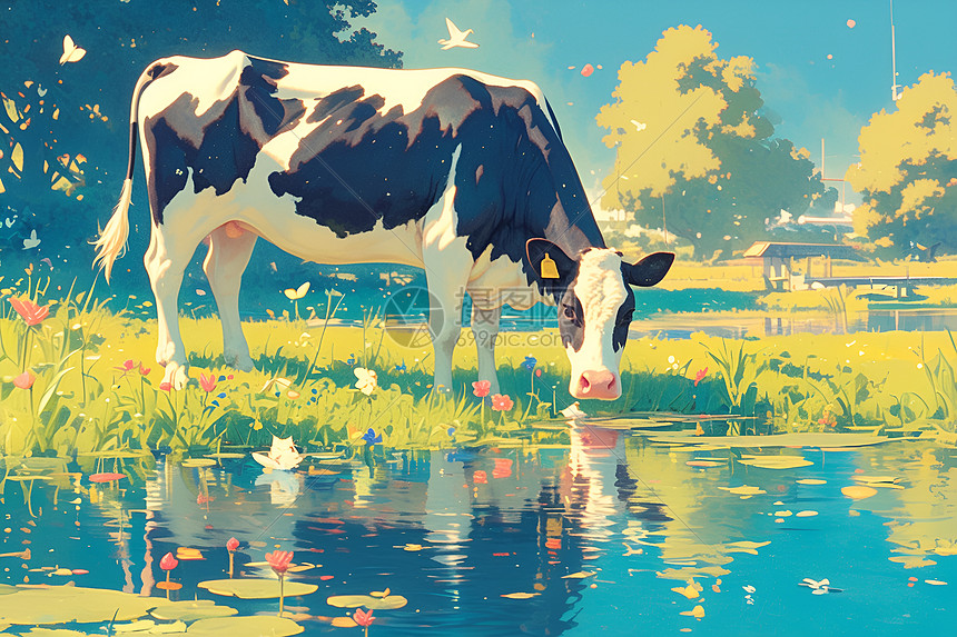 奶牛在河里喝水图片