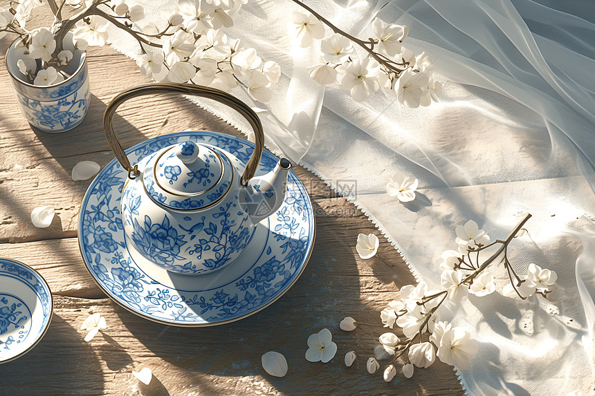 花瓣点缀木桌上的茶壶图片