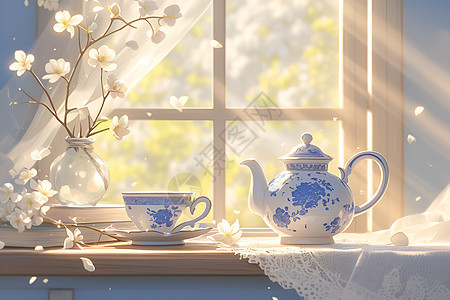 陶瓷茶壶与花瓣图片