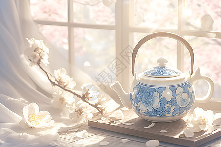 清新雅致的蓝白瓷茶壶图片