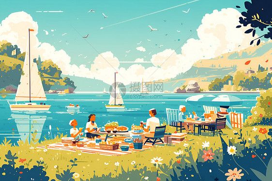 湖边野餐的家庭图片