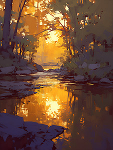 夕阳下的丛林溪流图片