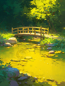 清澈溪流上的小木桥图片