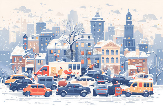 城市积雪道路上的汽车图片