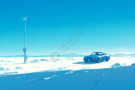 旷野雪原上的汽车插画