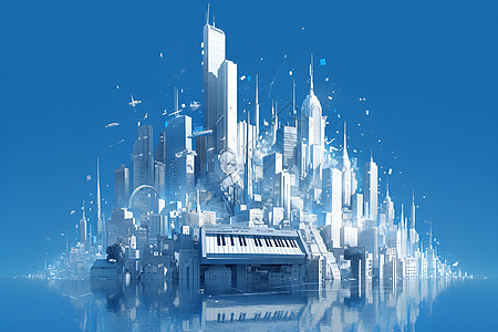 钢琴键盘上的城市图片
