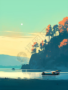 炫酷光效湖畔的炫酷跑车插画