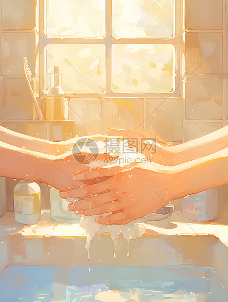 两双手在洗手池上洗手图片