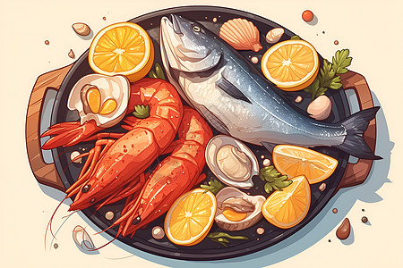 海鲜焖面一桌海鲜佳肴插画