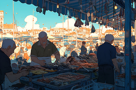 充满海鲜摊贩的市场图片