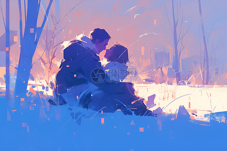 一对情侣坐在雪地里图片