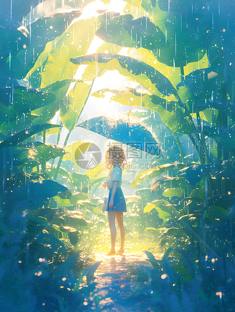 个女孩撑着雨伞站在森林中图片