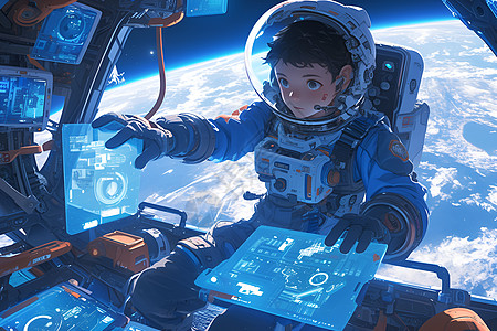 太空站中的男孩插画图片