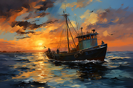 夕阳下海面上的渔船图片