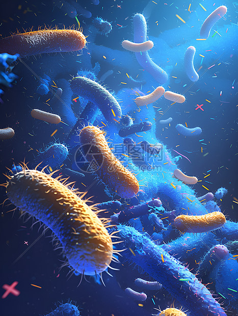 蓝黄交织的细菌在深沉的背景中漂浮微观摄影的真实视角和柔和的光线效果增强了透视构图并通过给部分细菌加上红色的标记创造出强烈的对比这图片