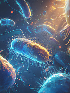 微观摄影下一张在黑暗背景下浮动的细菌的引人注目的画面蓝色和黄色的细胞映衬出来请通过透视构图和微妙的光线变化展现出真实感着重突出红图片