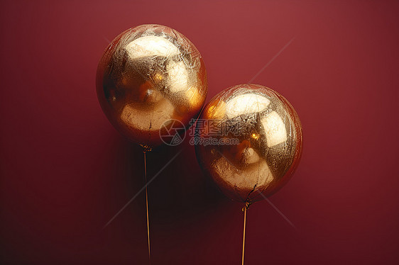 红色背景前的两个金色气球图片