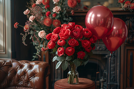 红色浪漫玫瑰与气球的静物画图片