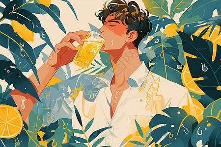热带植物丛中的男子畅饮柠檬水图片