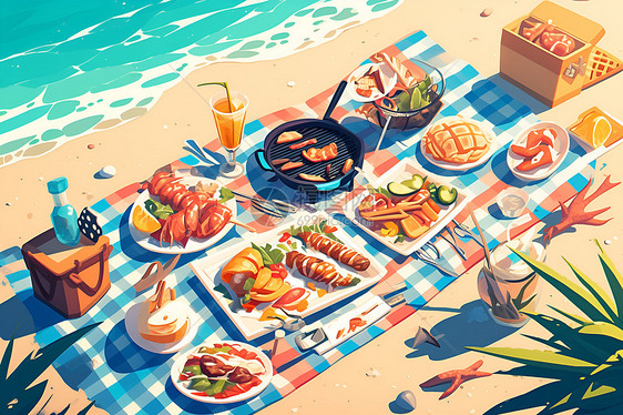 沙滩上的美味野餐图片
