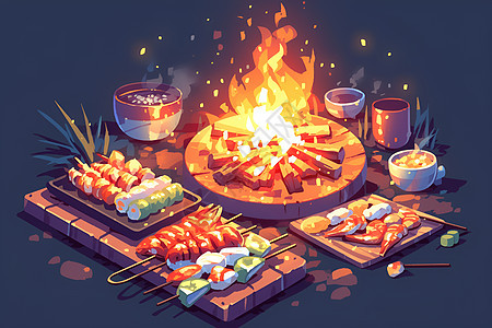 篝火上的美味烧烤图片
